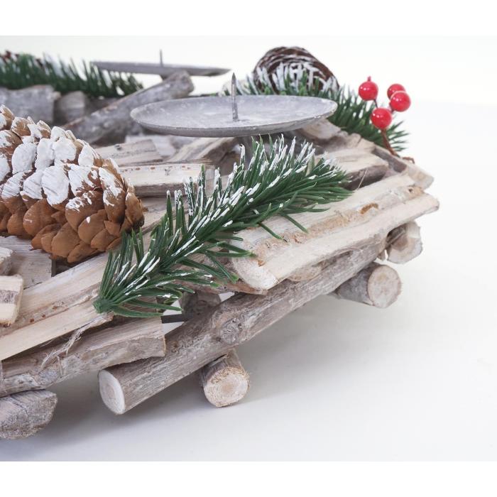 Adventskranz rund, Weihnachtsdeko Tischkranz, Holz  40cm wei-grau ~ mit Kerzen, rot