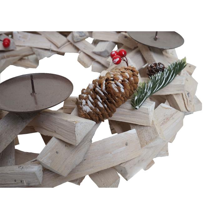 Adventskranz rund, Weihnachtsdeko Tischkranz, Holz  40cm wei-grau ~ mit Kerzen, rot