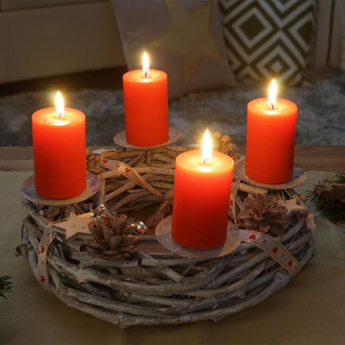 Adventskranz rund, Weihnachtsdeko Tischkranz, Holz  30cm wei-grau ~ mit Kerzen, rot