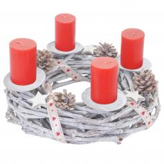 Adventskranz rund, Weihnachtsdeko Tischkranz, Holz Ø 30cm weiß-grau ~ mit Kerzen, rot