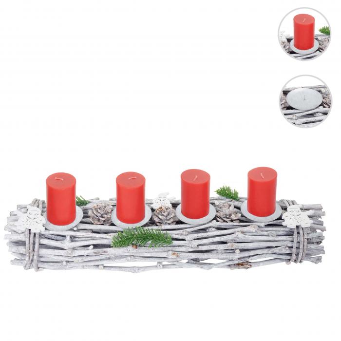 Adventskranz lnglich, Weihnachtsdeko Adventsgesteck, Holz 60x16x9cm wei-grau ~ mit Kerzen, rot
