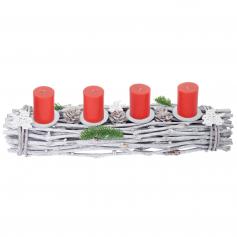 Adventskranz länglich, Weihnachtsdeko Adventsgesteck, Holz 60x16x9cm weiß-grau ~ mit Kerzen, rot