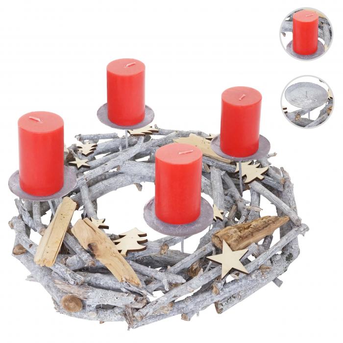 Adventskranz rund, Weihnachtsdeko Tischkranz, Holz  40cm grau ~ mit Kerzen, rot