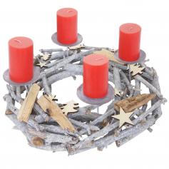 Adventskranz rund, Weihnachtsdeko Tischkranz, Holz Ø 40cm grau ~ mit Kerzen, rot