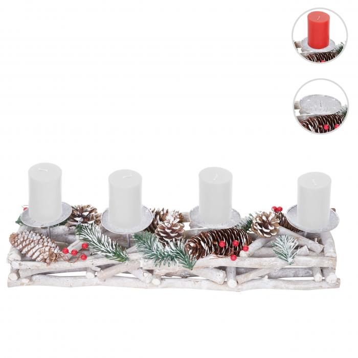 Adventskranz lnglich, Weihnachtsdeko Adventsgesteck, Holz 11x15x50cm wei-grau ~ mit Kerzen, wei