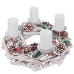Adventskranz rund, Weihnachtsdeko Tischkranz, Holz Ø 35cm weiß-grau ~ mit Kerzen, weiß