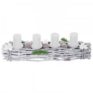 Adventskranz lnglich, Weihnachtsdeko Adventsgesteck, Holz 60x16x9cm wei-grau ~ mit Kerzen, wei