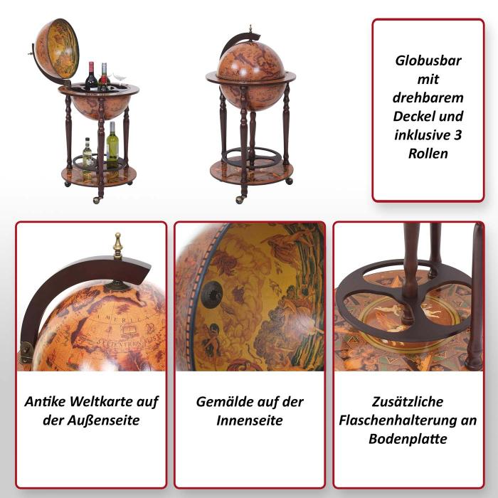 Globusbar HWC-T874, Minibar Hausbar Weinregal, Weltkugel rollbar Eukalyptusholz MVG-zertifiziert