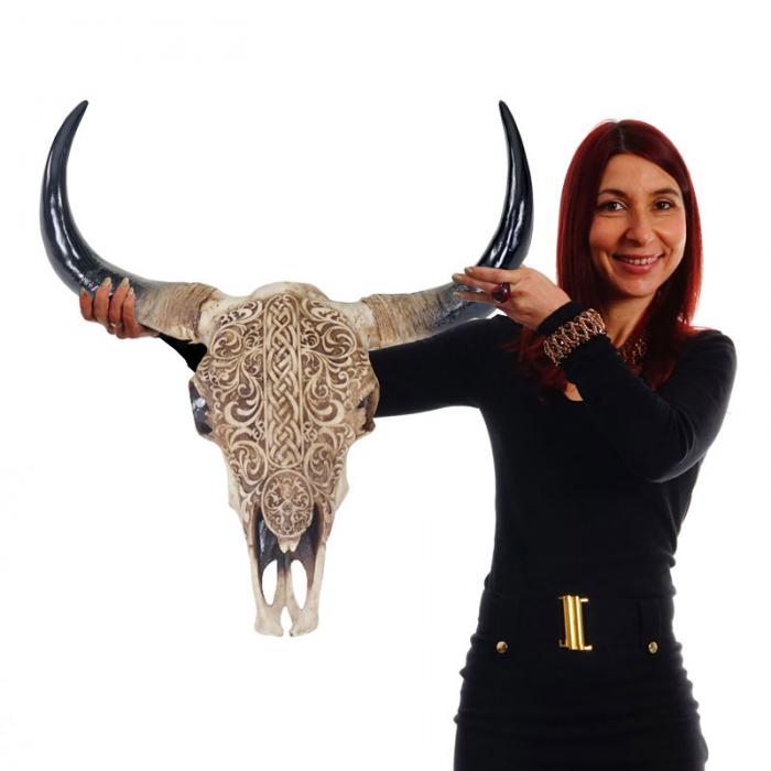 Deko Schdel 65cm HWC-T454, Polyresin Stier Bulle Longhorn Kopf Trophe mit Tribal, In-/Outdoor