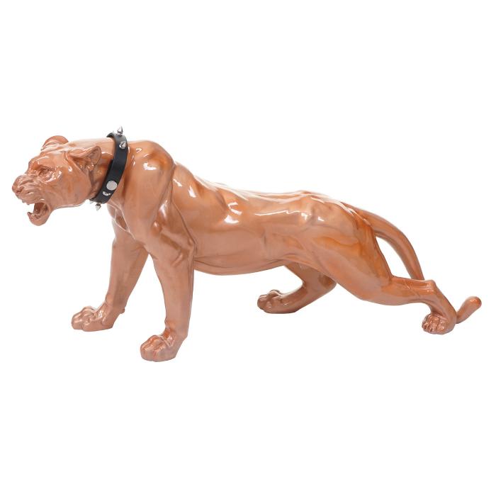 Deko Figur Leopard 59cm, Polyresin Skulptur Panther, In-/Outdoor ~ antik hochglanz mit Halsband