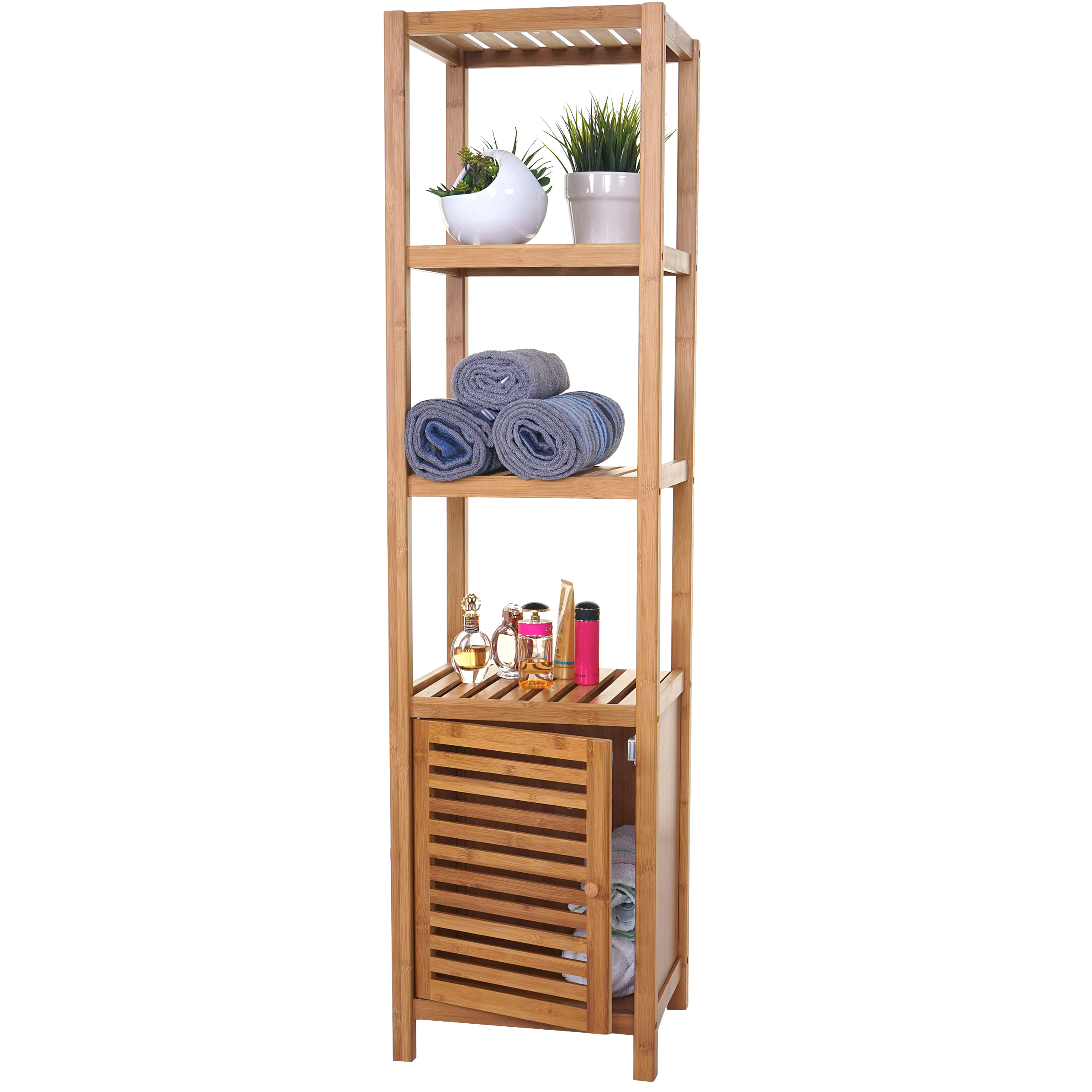 badregal hwc-b18, badezimmer badschrank standregal mit tür, bambus ~  140x36x34cm