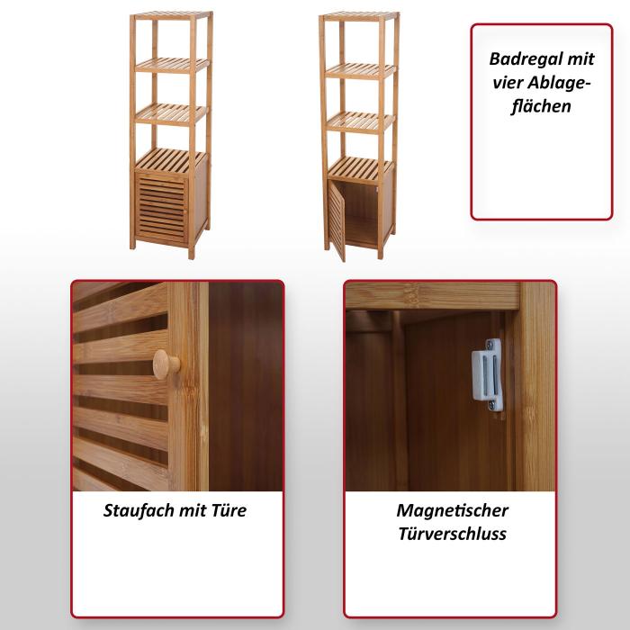 Badregal HWC-B18, Badezimmer Badschrank Standregal mit Tr, Bambus ~ 80x36x34cm