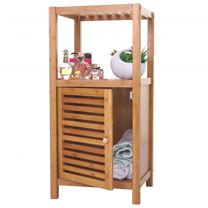 Badregal HWC-B18, Badezimmer Badschrank Standregal mit Tr, Bambus ~ 80x36x34cm