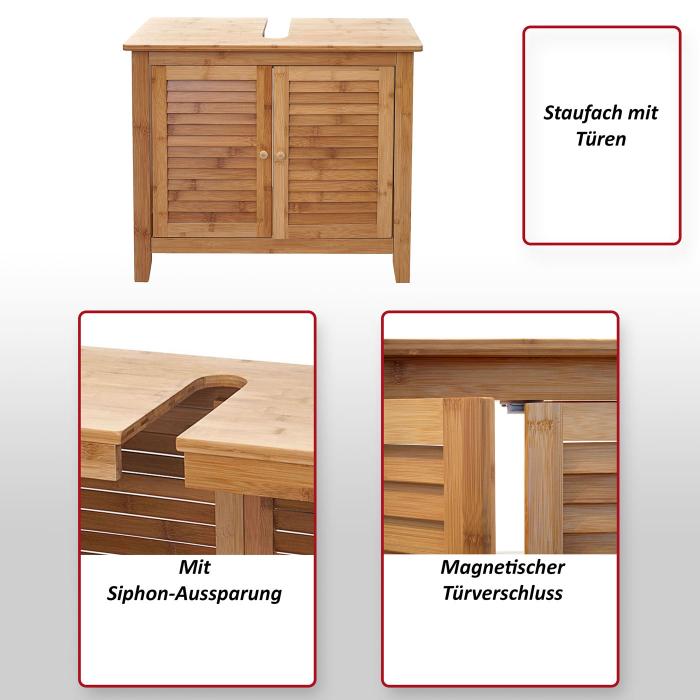 Waschbeckenunterschrank HWC-B18, Badezimmer Badschrank, Bambus ~ 60x80x40cm