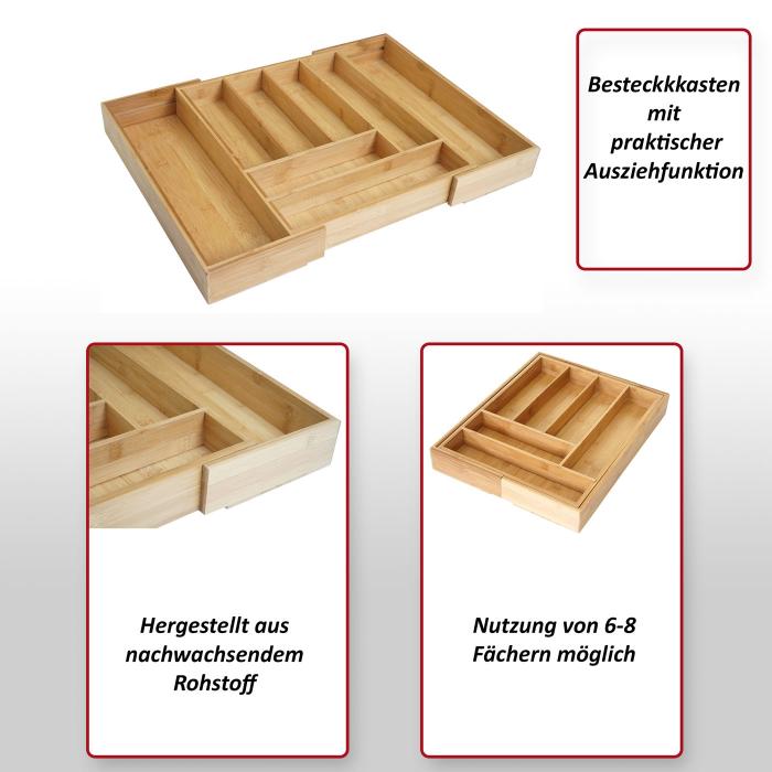 Besteckkasten HWC-B20, Schubladeneinsatz Geschirrkasten, Bambus variabel 35-58x45cm