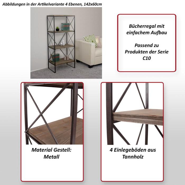Bcherregal HWC-C10, Standregal Wohnregal, Echtholz Metall ~ 4 Ebenen, 142x60cm