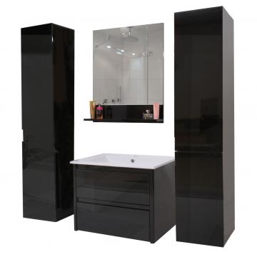 Badezimmerset HWC-B19, Waschtisch Wandspiegel 2x Hängeschrank, hochglanz ~ schwarz