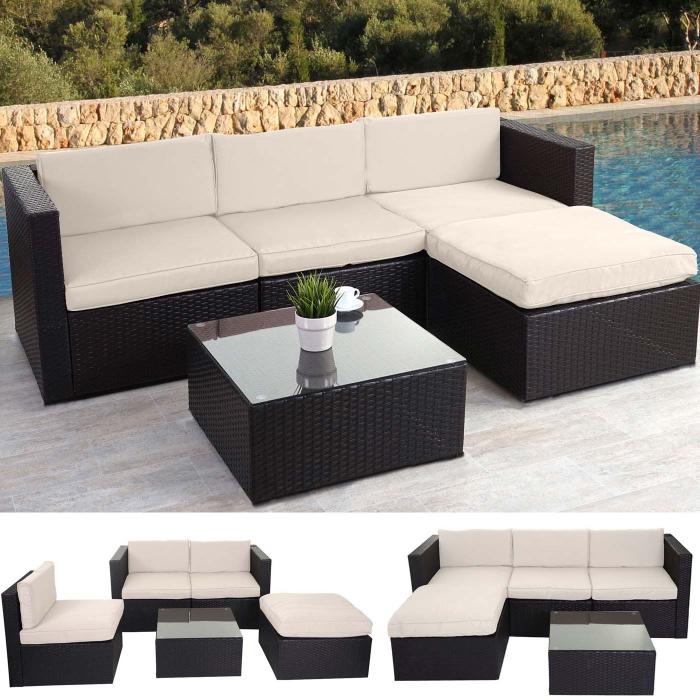 Poly-Rattan-Garnitur HWC-D28, Gartengarnitur Sofa Set ~ braun, Polster creme ohne Deko-Kissen/Abdeckung