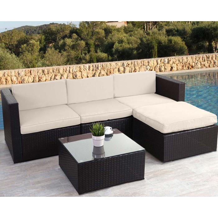 Poly-Rattan-Garnitur HWC-D28, Gartengarnitur Sofa Set ~ braun, Polster creme ohne Deko-Kissen/Abdeckung