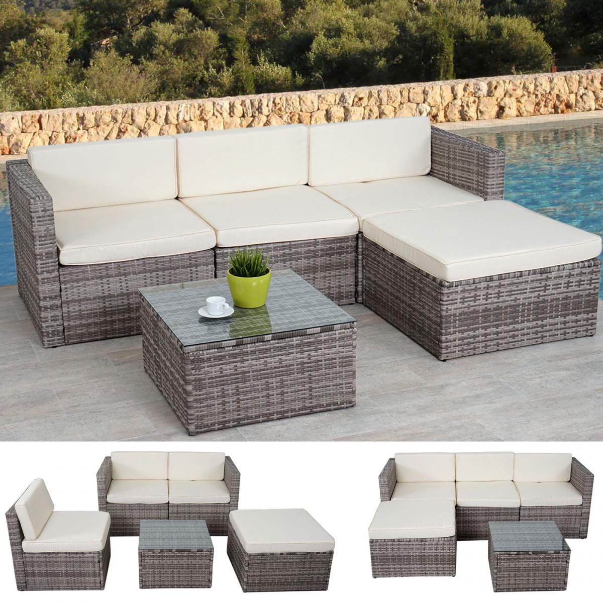 Poly-Rattan-Garnitur HWC-D28, Gartengarnitur Sofa Set ~ grau, Polster creme ohne Deko-Kissen/Abdeckung