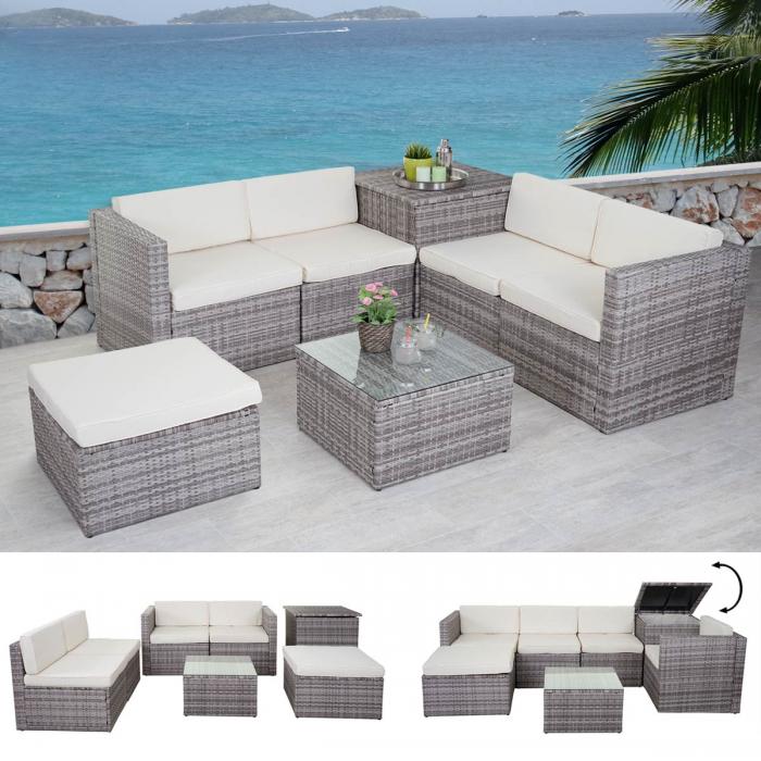 Poly-Rattan-Garnitur HWC-D21, Balkon-/Garten-/Lounge-Set Sofa Sitzgruppe, Box Staufach ~ grau, Kissen creme