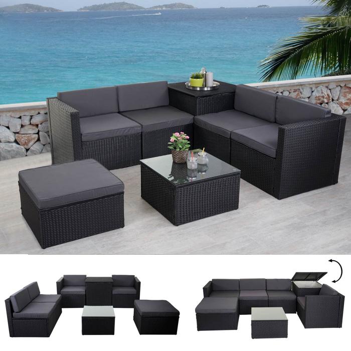 Poly-Rattan-Garnitur HWC-D21, Balkon-/Garten-/Lounge-Set Sofa Sitzgruppe, Box Staufach ~ anthrazit, Kissen dunkelgrau