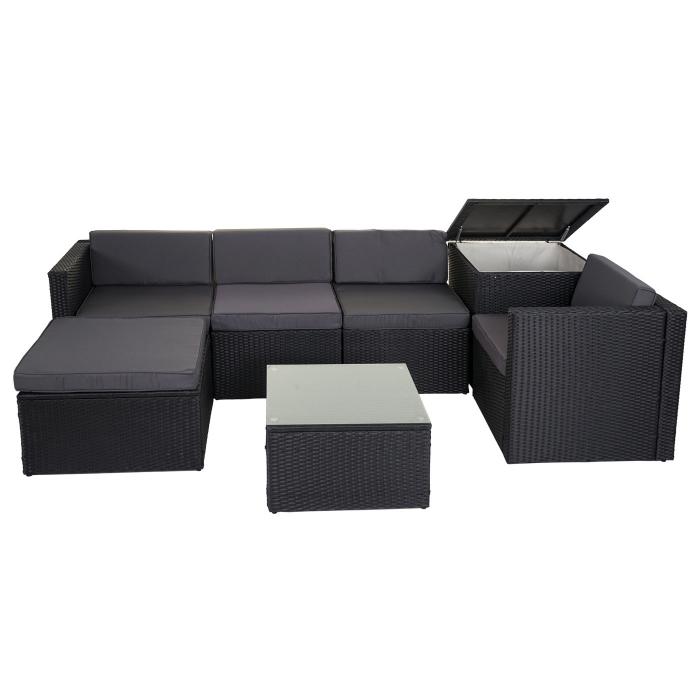 Poly-Rattan-Garnitur HWC-D21, Balkon-/Garten-/Lounge-Set Sofa Sitzgruppe, Box Staufach ~ anthrazit, Kissen dunkelgrau