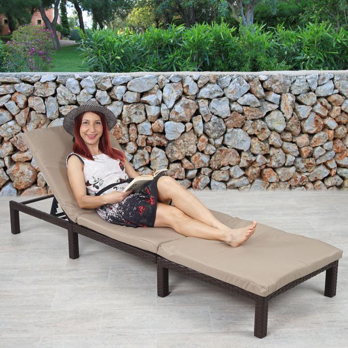 Poly-Rattan Sonnenliege HWC-A51, Relaxliege Gartenliege Liege ~ Basic braun, Kissen creme