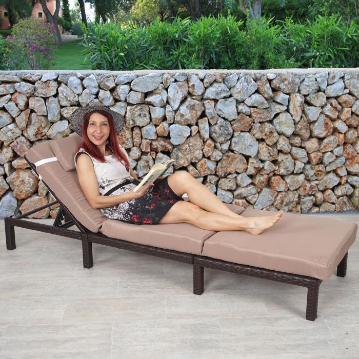 Poly-Rattan Sonnenliege HWC-A51, Relaxliege Gartenliege Liege ~ Premium braun, Kissen creme