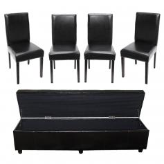 Garnitur Sitzgruppe Bank mit Aufbewahrung Kriens XXL+4 Stühle Littau, Leder ~ schwarz