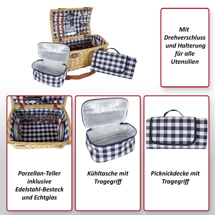 Picknickkorb-Set HWC-B23 fr 6 Personen, Weiden-Korb Picknickdecke, Porzellan Glas Edelstahl, blau-wei