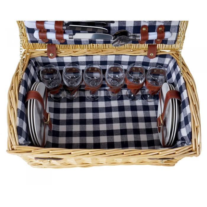 Picknickkorb-Set HWC-B23 für 6 Personen, Weiden-Korb Picknickdecke, Porzellan Glas Edelstahl, blau-weiß