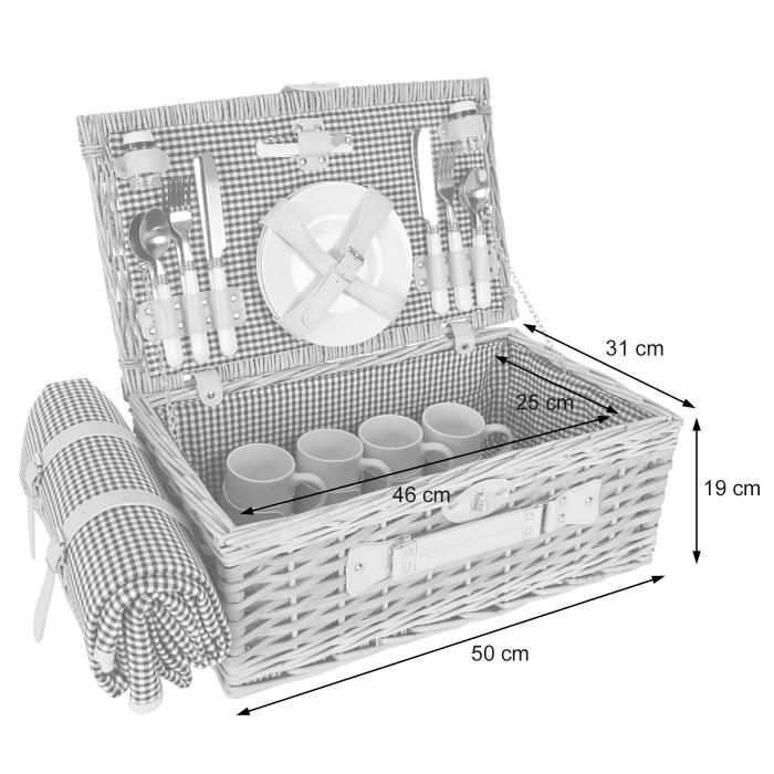 Picknickkorb-Set HWC-B24 fr 4 Personen, Weiden-Korb, Porzellan Edelstahl ~ grau-grn