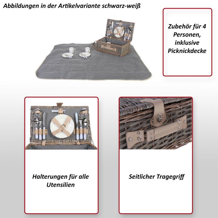Picknickkorb-Set HWC-B24 fr 4 Personen, Weiden-Korb, Porzellan Edelstahl ~ grau-grn