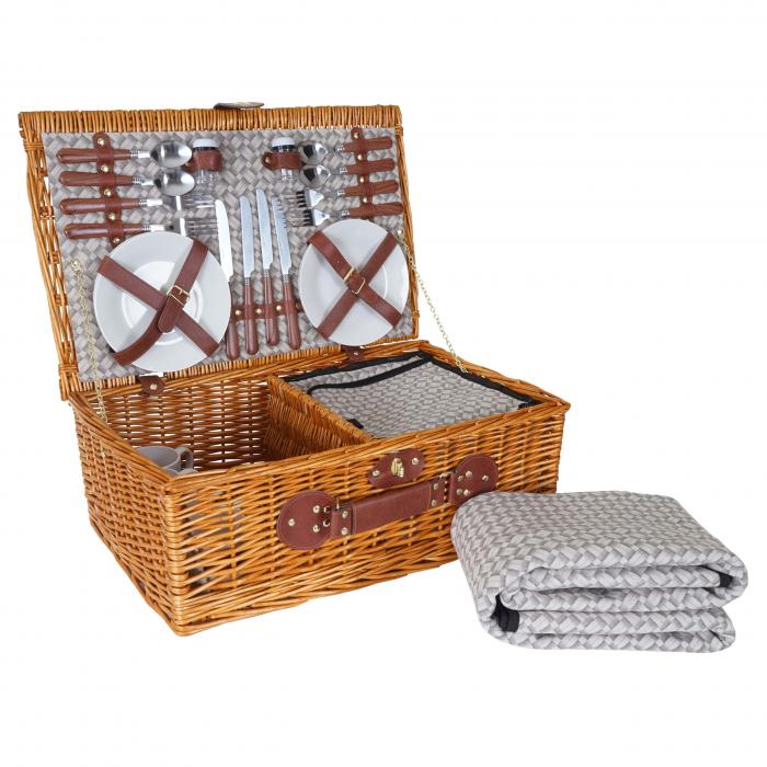 Picknickkorb-Set HWC-B25 fr 4 Personen, Weiden-Korb + Khlfach + Picknickdecke, Porzellan Edelstahl, beige