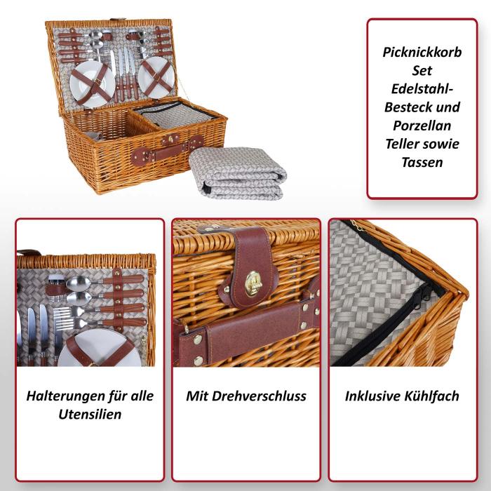 Picknickkorb-Set HWC-B25 fr 4 Personen, Weiden-Korb + Khlfach + Picknickdecke, Porzellan Edelstahl, beige