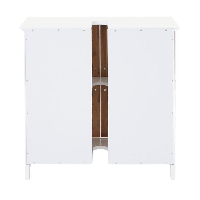 Waschbeckenunterschrank HWC-B41, Badezimmer Unterschrank Badschrank mit Staufach, Bambus MDF 60x60x30cm ~ weiß-braun