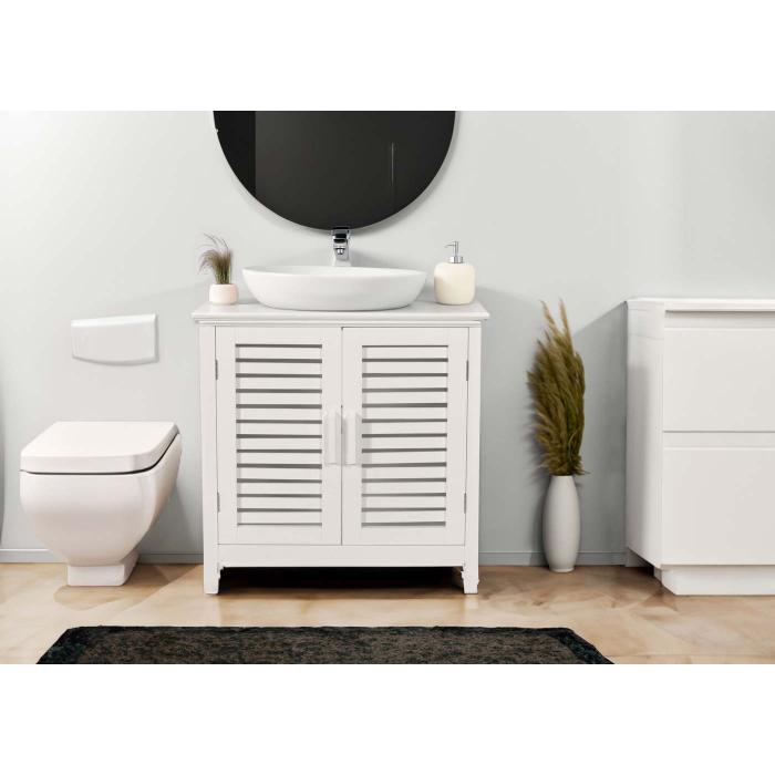 Waschbeckenunterschrank HWC-B41, Badezimmer Unterschrank Badschrank mit Staufach, Bambus MDF 60x60x30cm ~ weiß-braun