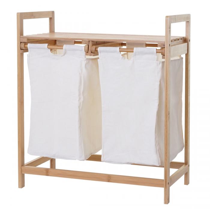 Wäschesammler HWC-B83, Laundry Wäschesortierer Wäschekorb Wäschebehälter, Bambus 2 Fächer 74x64x33cm 70l ~ weiß