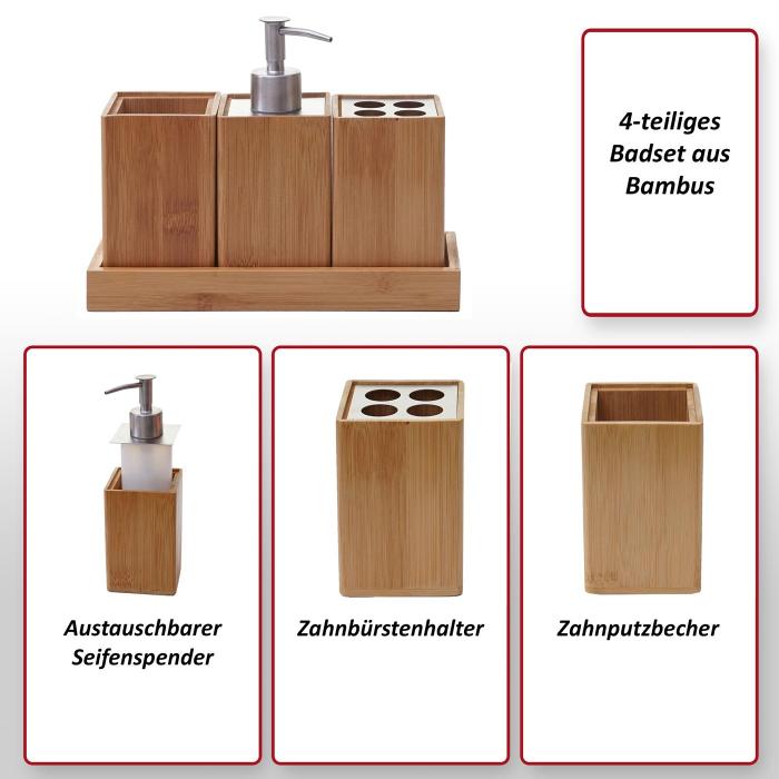 4-teiliges Badset HWC-B85, Badezimmerset Badaccessoires Seifenspender Zahnbrstenhalter, Bambus