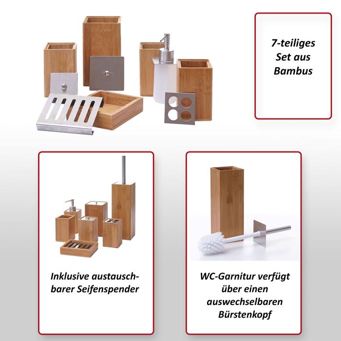 7-teiliges Badset HWC-A90, WC-Garnitur Badezimmerset Badaccessoires Seifenspender Zahnbrstenhalter Seifenschale, Bambus