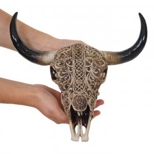 Deko Schdel 31cm HWC-C15, Polyresin Stier Bulle Longhorn Kopf Trophe mit Tribal, In-/Outdoor