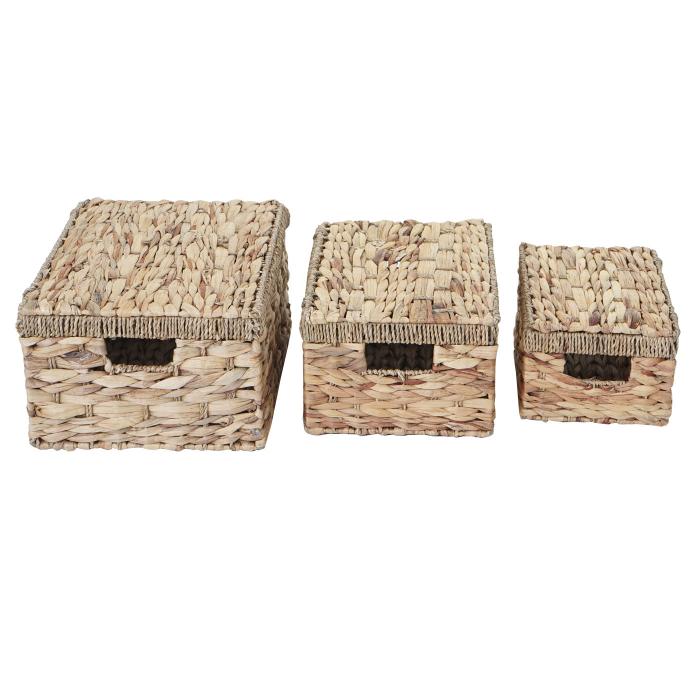 3er Set Aufbewahrungsbox HWC-C23, Truhe Kiste Box mit Deckel, Wasserhyazinthe naturfarben