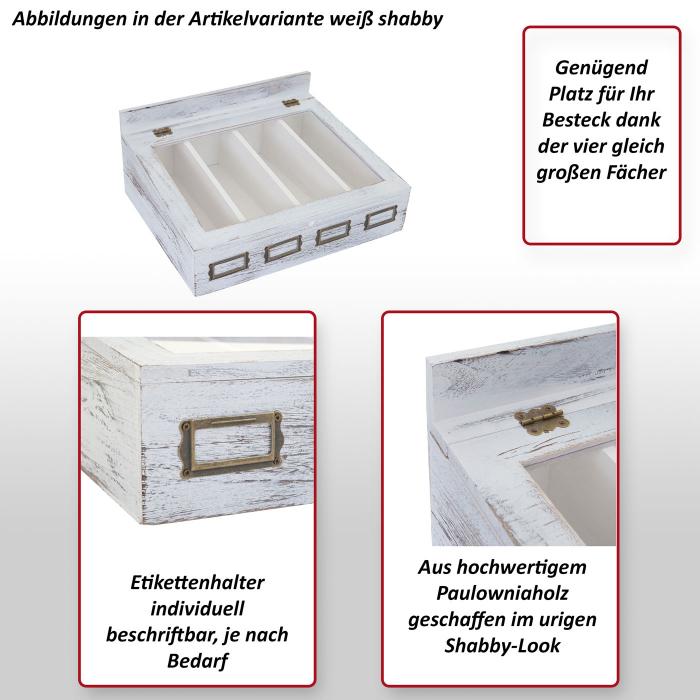 Besteckkiste HWC-C25, Holzbox mit Deckel Besteckkasten, Paulownia 17x37x33cm ~ wei, shabby