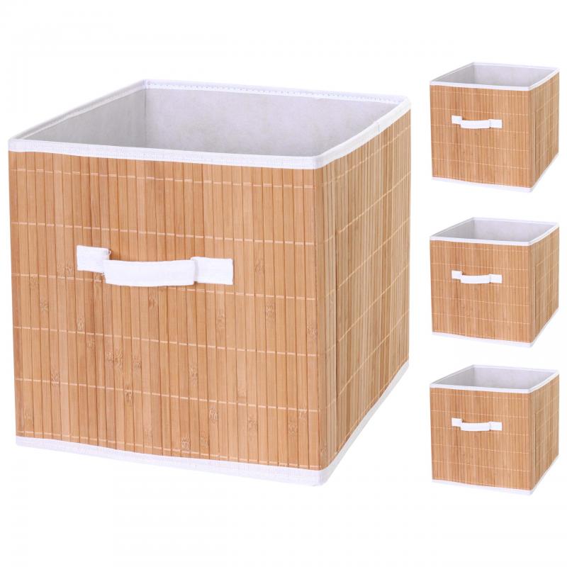 4er-Set Faltbox HWC-C21, Korb Aufbewahrungskorb Ordnungsbox Sortierbox Aufbewahrungsbox, Bambus 32x32x32cm ~ naturfarben