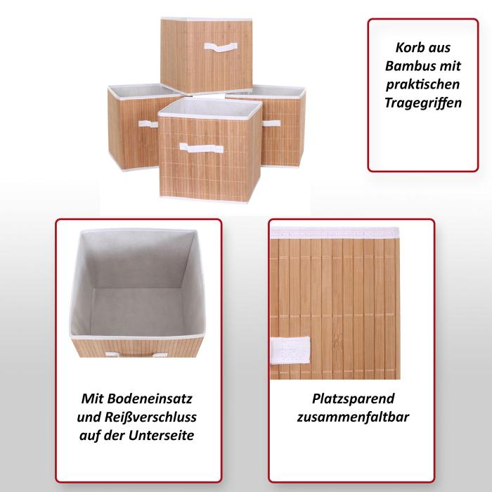 4er-Set Faltbox HWC-C21, Korb Aufbewahrungskorb Ordnungsbox Sortierbox Aufbewahrungsbox, Bambus 32x32x32cm naturfarben