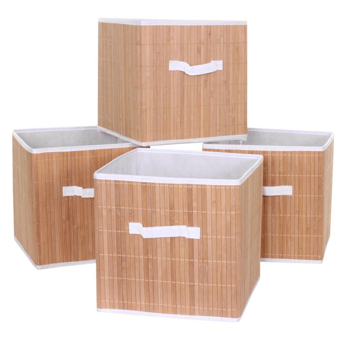 4er-Set Faltbox HWC-C21, Korb Aufbewahrungskorb Ordnungsbox Sortierbox Aufbewahrungsbox, Bambus 32x32x32cm naturfarben