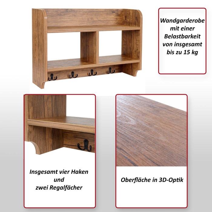 Wandgarderobe HWC-C68, Garderobe Regal, 4 Haken 2 Regalfcher, 41x60x19cm 3D-Struktur ~ Eiche-Optik