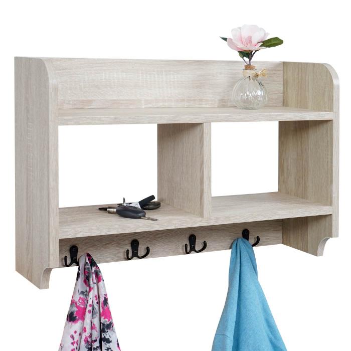 Wandgarderobe HWC-C68, Garderobe Regal, 4 Haken 2 Regalfcher, 41x60x19cm 3D-Struktur ~ Eiche-Optik