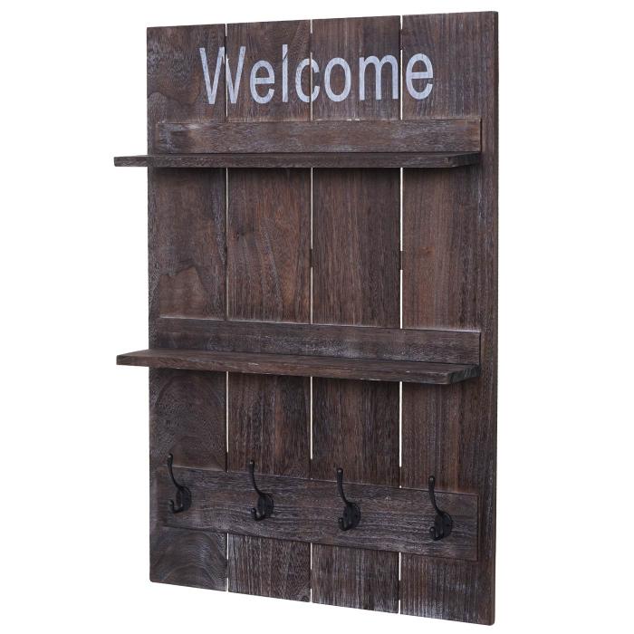 Wandgarderobe HWC-C89 Welcome, Garderobenpaneel Garderobe, Shabby-Look Vintage, 4 Haken 90x60cm ~ braun, shabby
